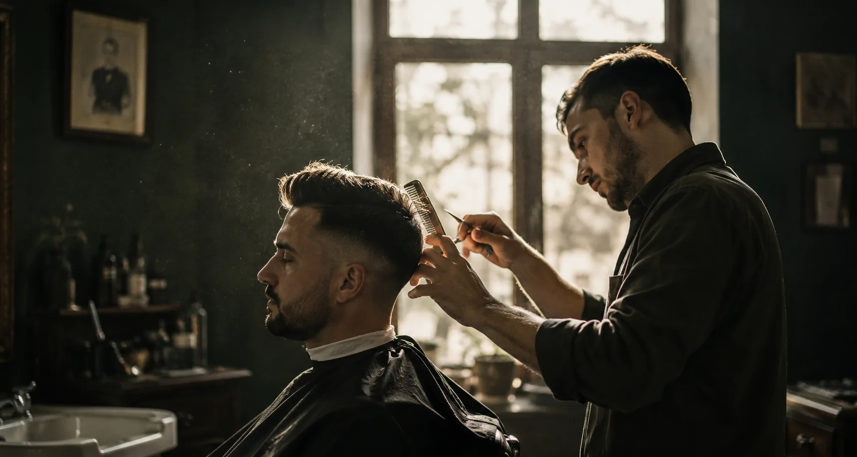Барбер Bull & Dog стриже клієнта ножицями біля вікна в залі