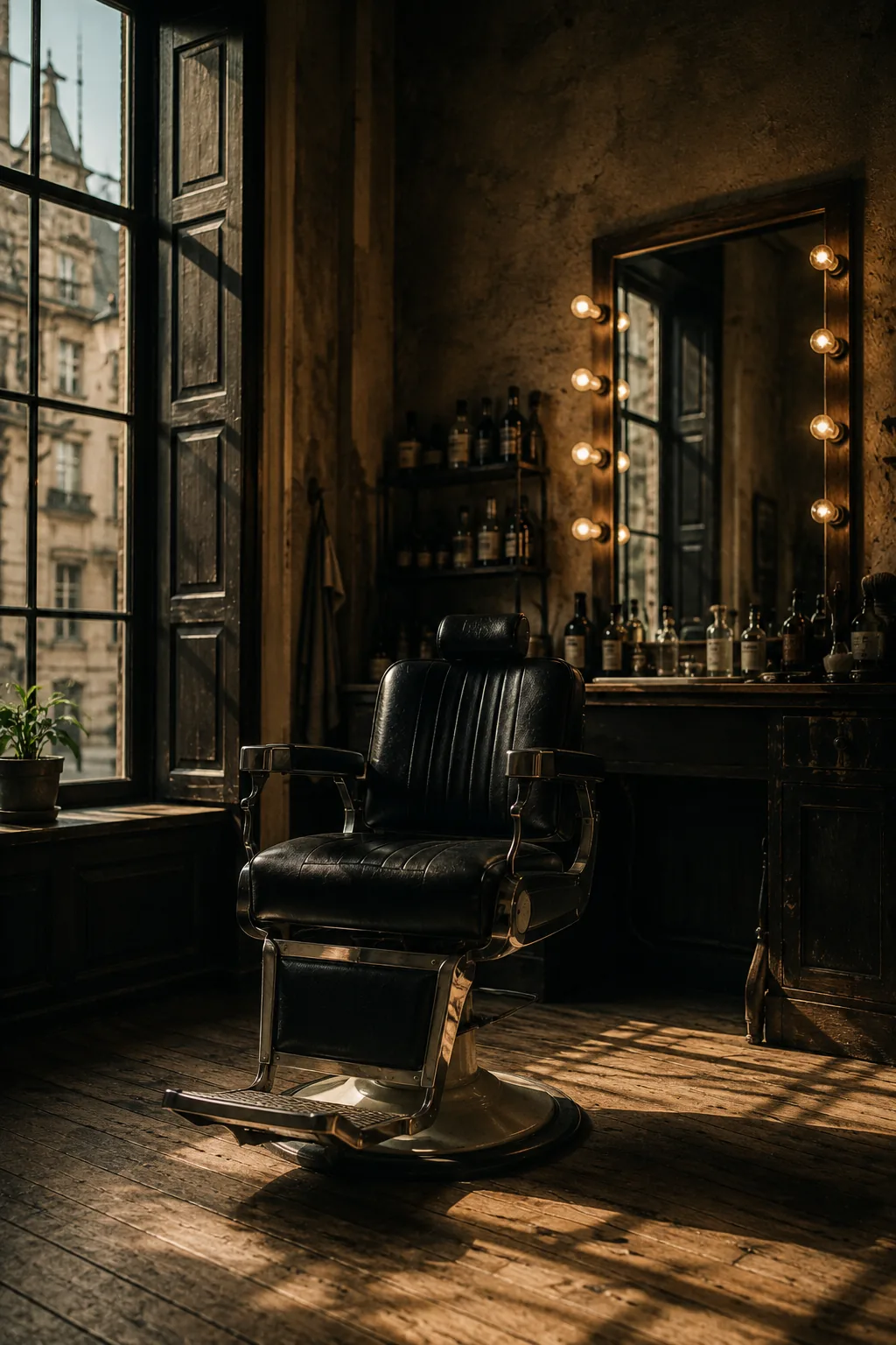 Куток залу Bull & Dog: барберське крісло, дзеркало з лампами та полиця з інструментами